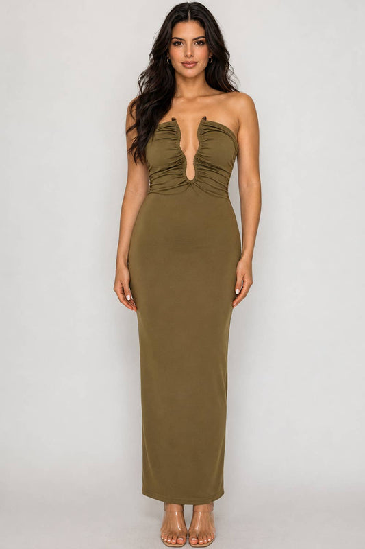 Ruched Strapless Midi Dress
