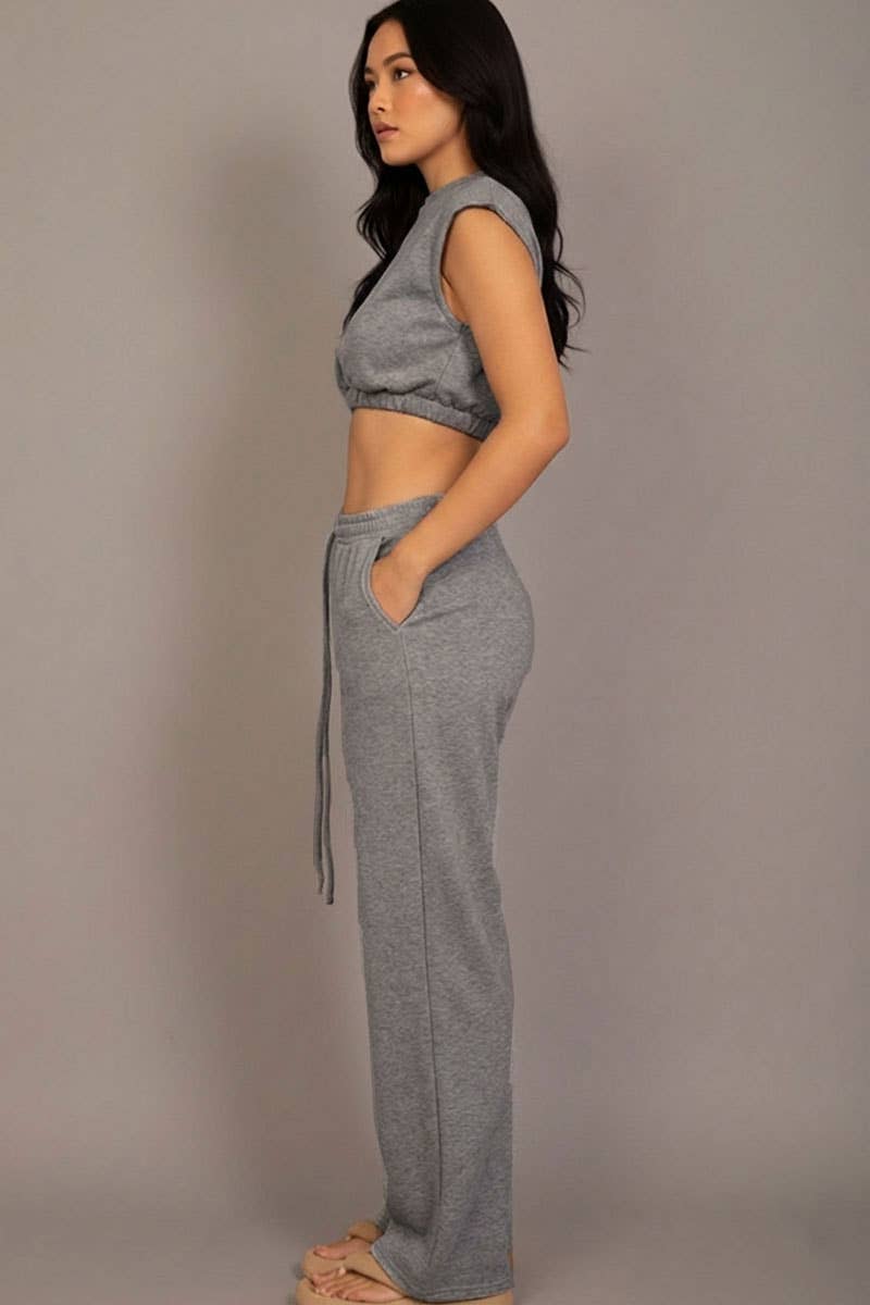 Elastic Hem Crop Top & Wide Leg Pants Set