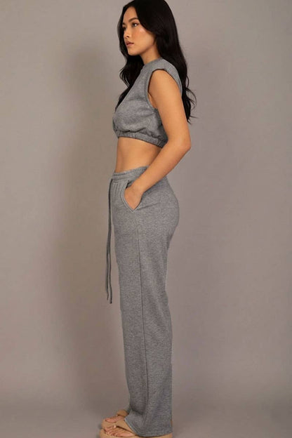 Elastic Hem Crop Top & Wide Leg Pants Set