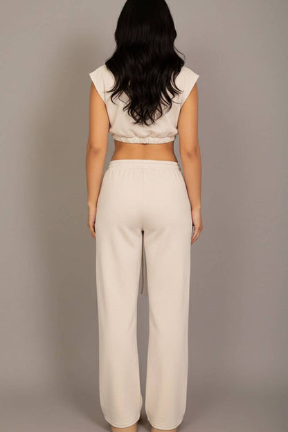 Elastic Hem Crop Top & Wide Leg Pants Set