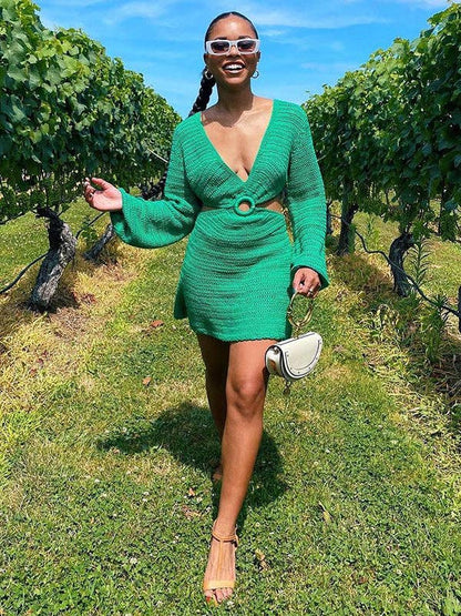 Square Neck Long Sleeves Mini Dress Cover-Ups Swimwear
