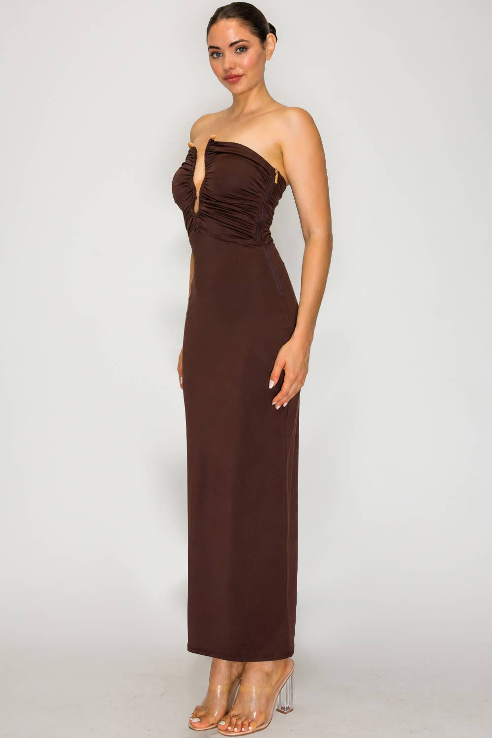 Ruched Strapless Midi Dress