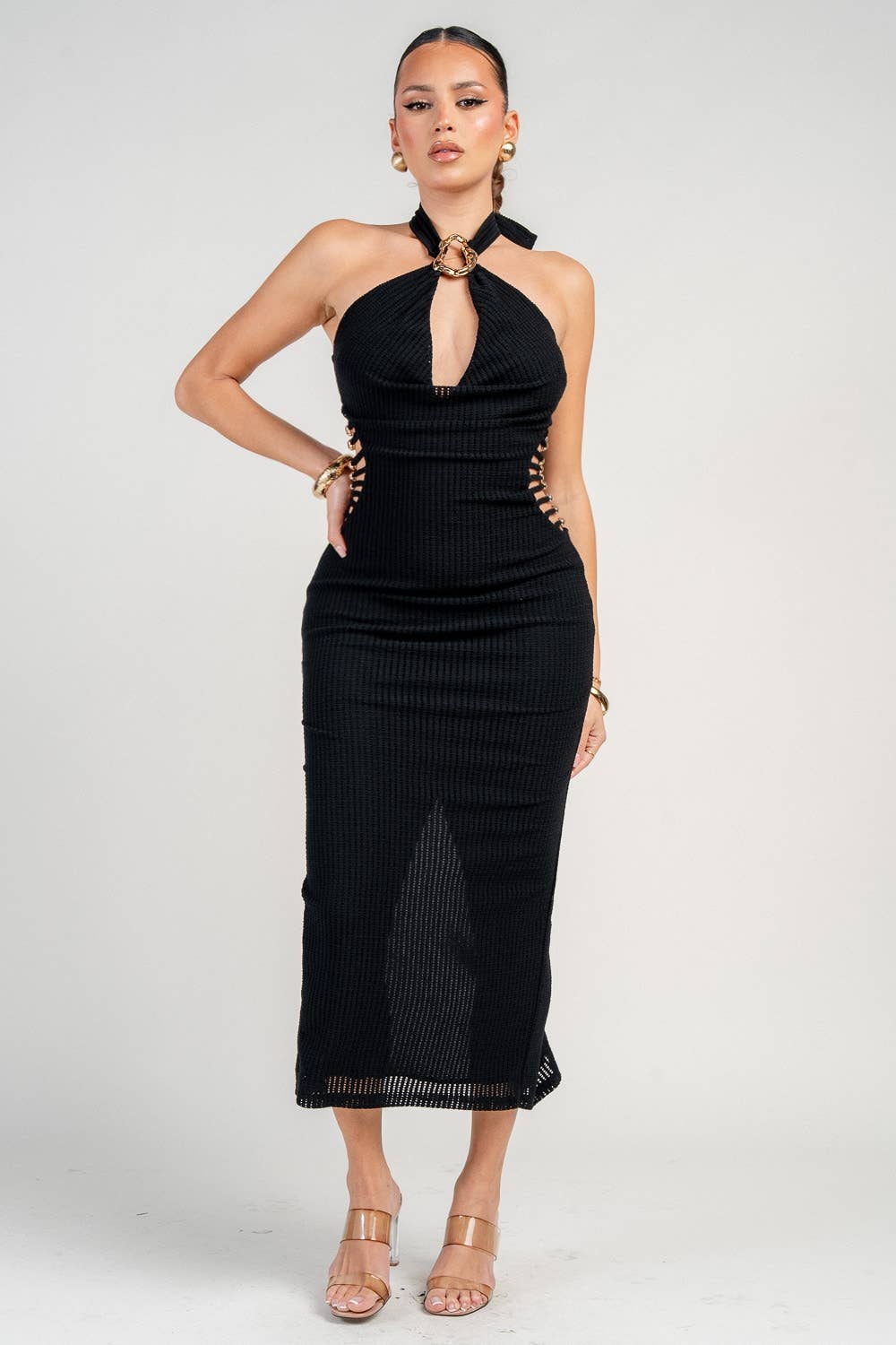 Noir Cowl-Neck Knit Midi Dress