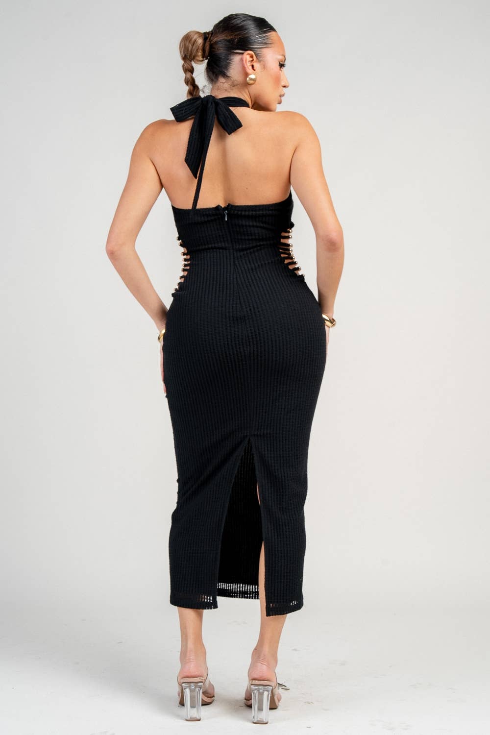 Noir Cowl-Neck Knit Midi Dress